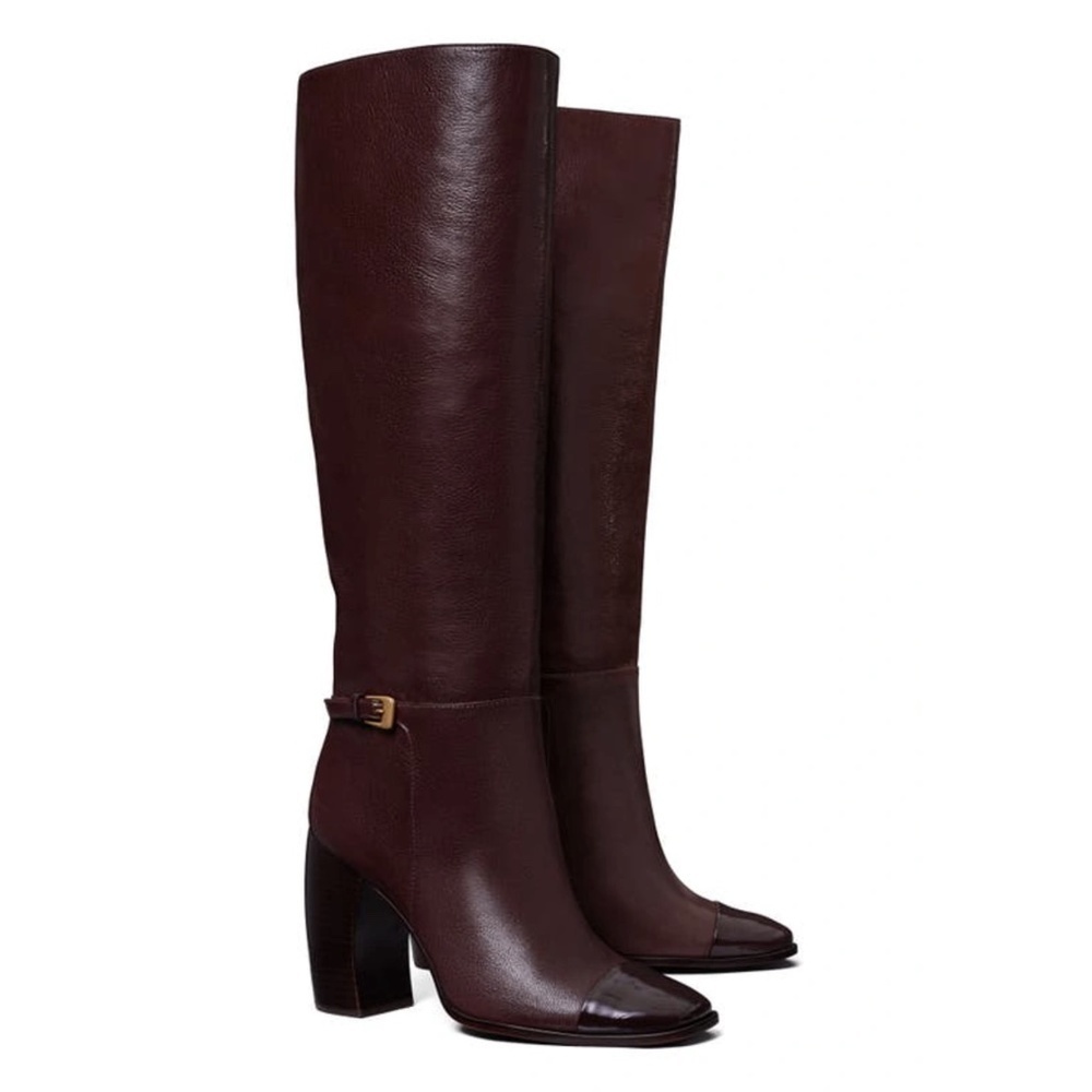 NEW Tory Burch Banana Heel Tall Leather Boots in Plum Sz. 5